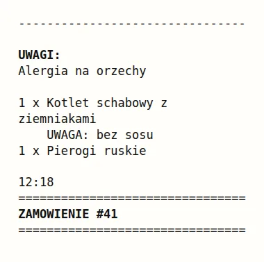 Bon kuchenny z uwagami klienta