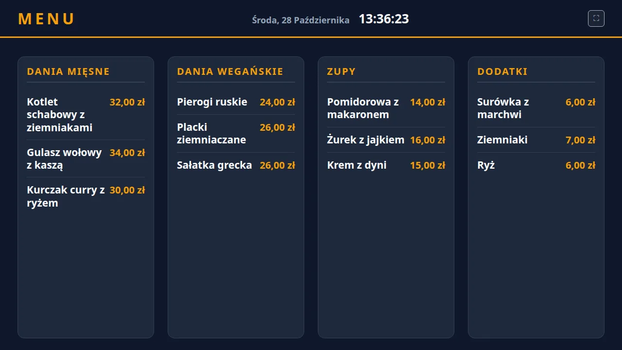 Menu-board z daniami i cenami