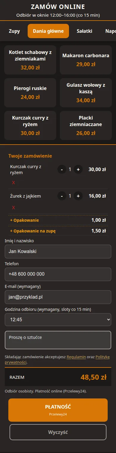 Strona zamówień online na telefonie